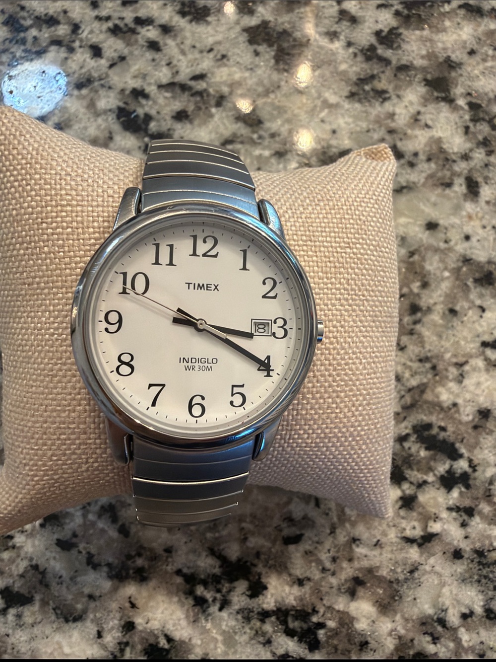 Timex Silver Watch with White Dial and Black Numerals